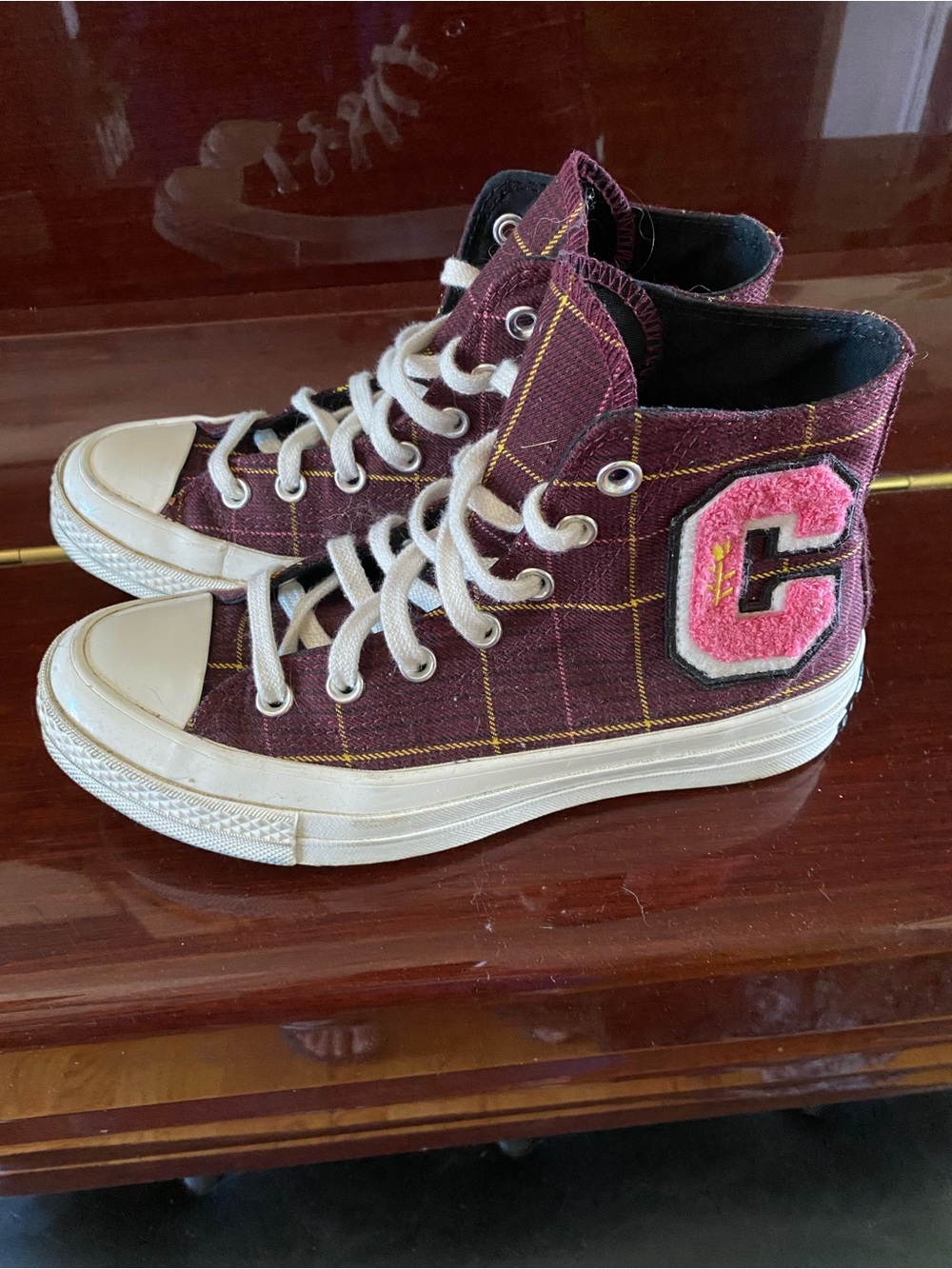 Converse Chuck 70 Burgundy Plaid High-Top Sneakers with Pink Patch